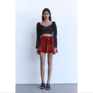 Zara Red Bermuda Skort Tie Bow Belted Fit & Flare Mini Skirt with Shorts